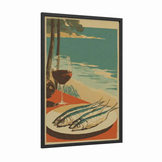 Coastal Wine Pairing framed seafood print — black wood frame — teal and cream palette