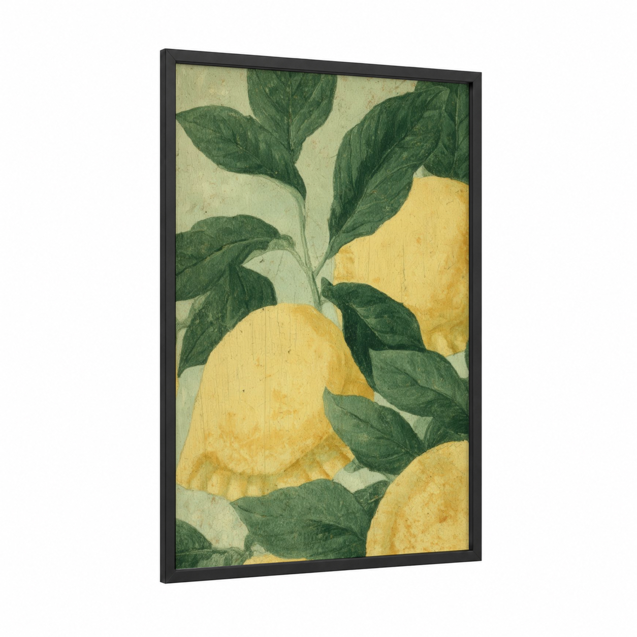 Golden Lemon Pasta framed art print — black wood frame — yellow gold and dark green palette