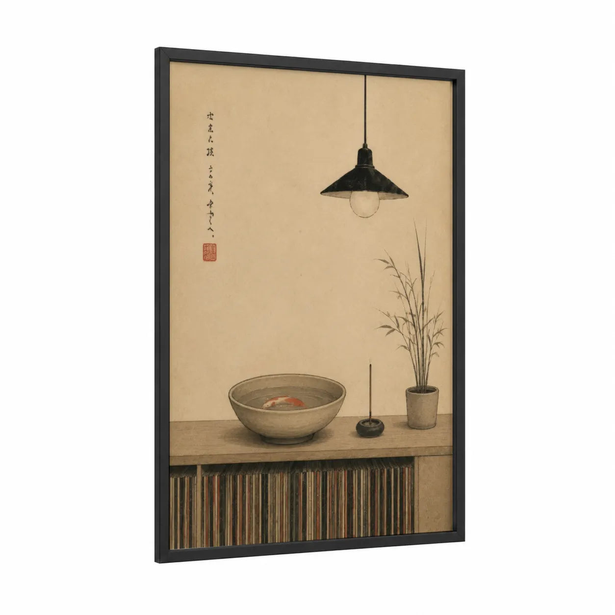 Japanese Zen Minimalist Goldfish Bowl Wall Art framed grass print — black wood frame — beige and black palette