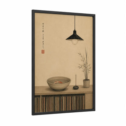 Japanese Zen Minimalist Goldfish Bowl Wall Art framed grass print — black wood frame — beige and black palette