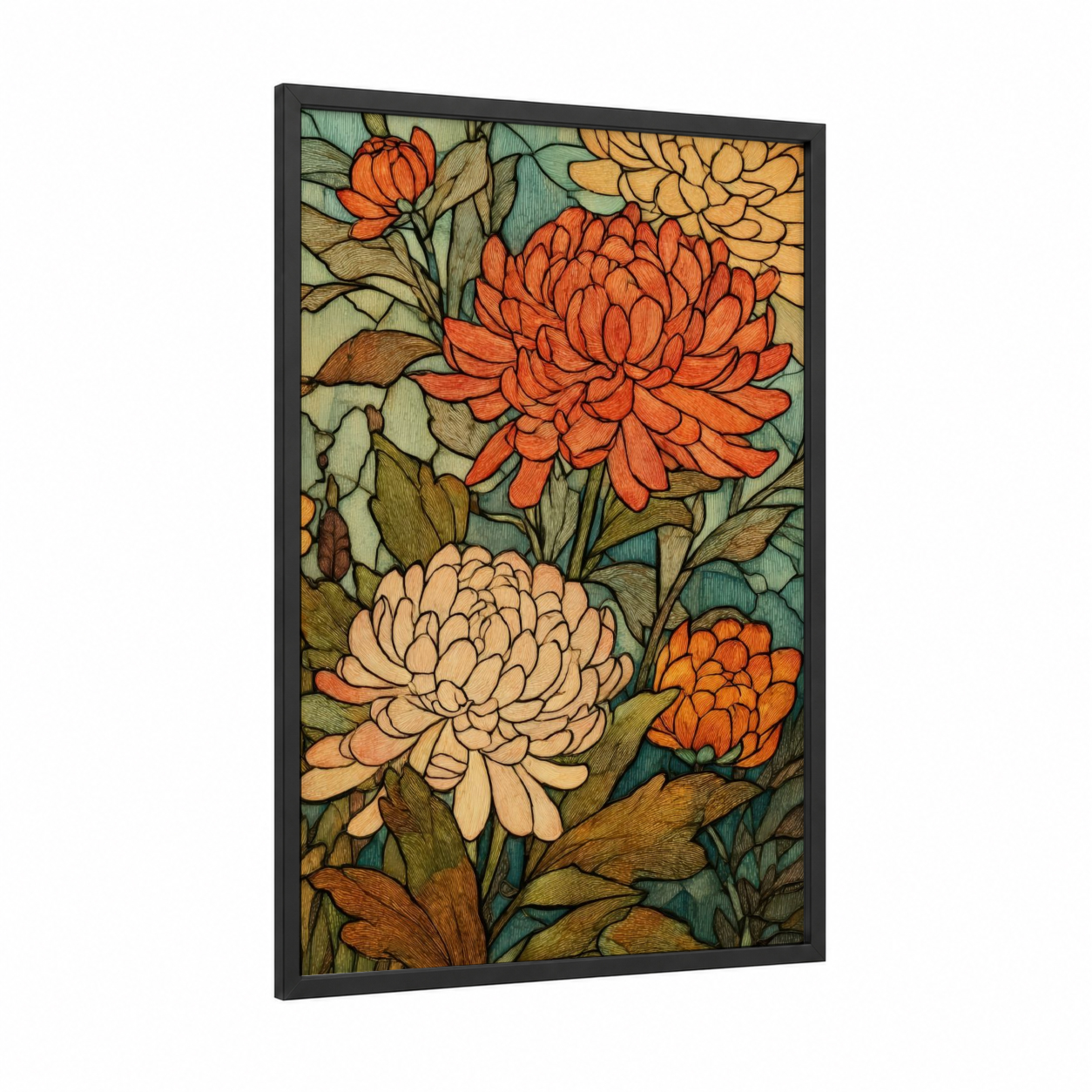 Autumn Chrysanthemums framed art print — black wood frame — orange and sage green palette