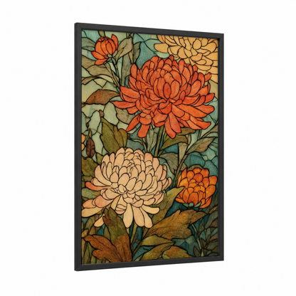 Autumn Chrysanthemums framed art print — black wood frame — orange and sage green palette