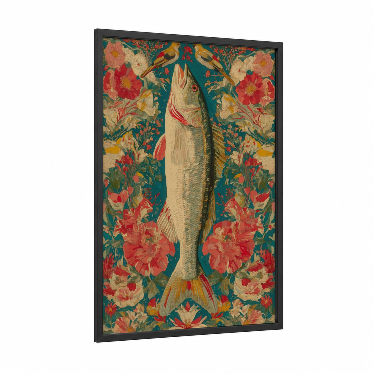 Floral Snook framed art print — black wood frame — teal and red palette