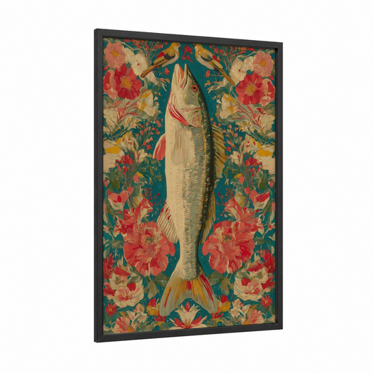 Floral Snook framed art print — black wood frame — teal and red palette