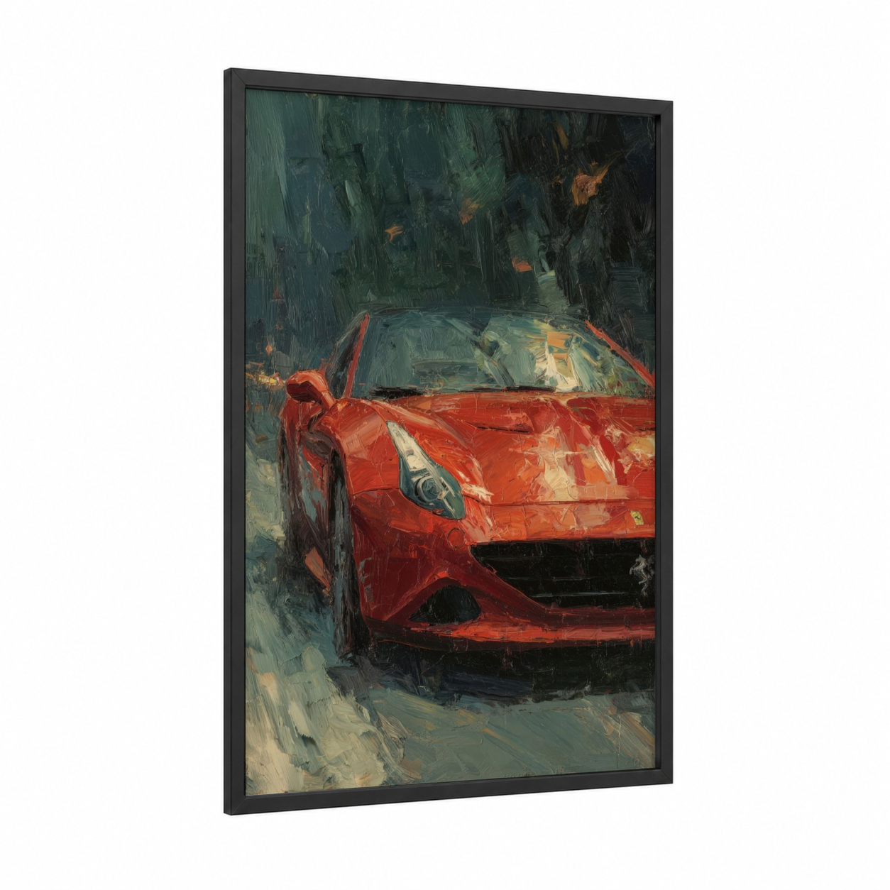 Crimson Speedster framed sports car print — black wood frame — red and dark green palette