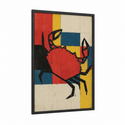 Cubist Crab framed art print — black wood frame — red and blue palette