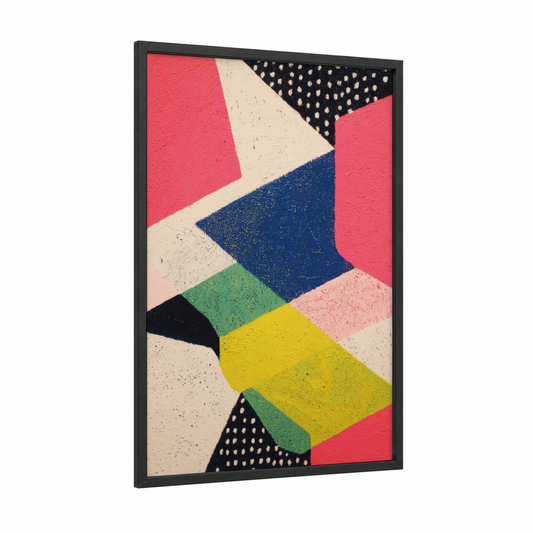 Geometric Sunset framed abstract geometric print — black wood frame — magenta and yellow palette