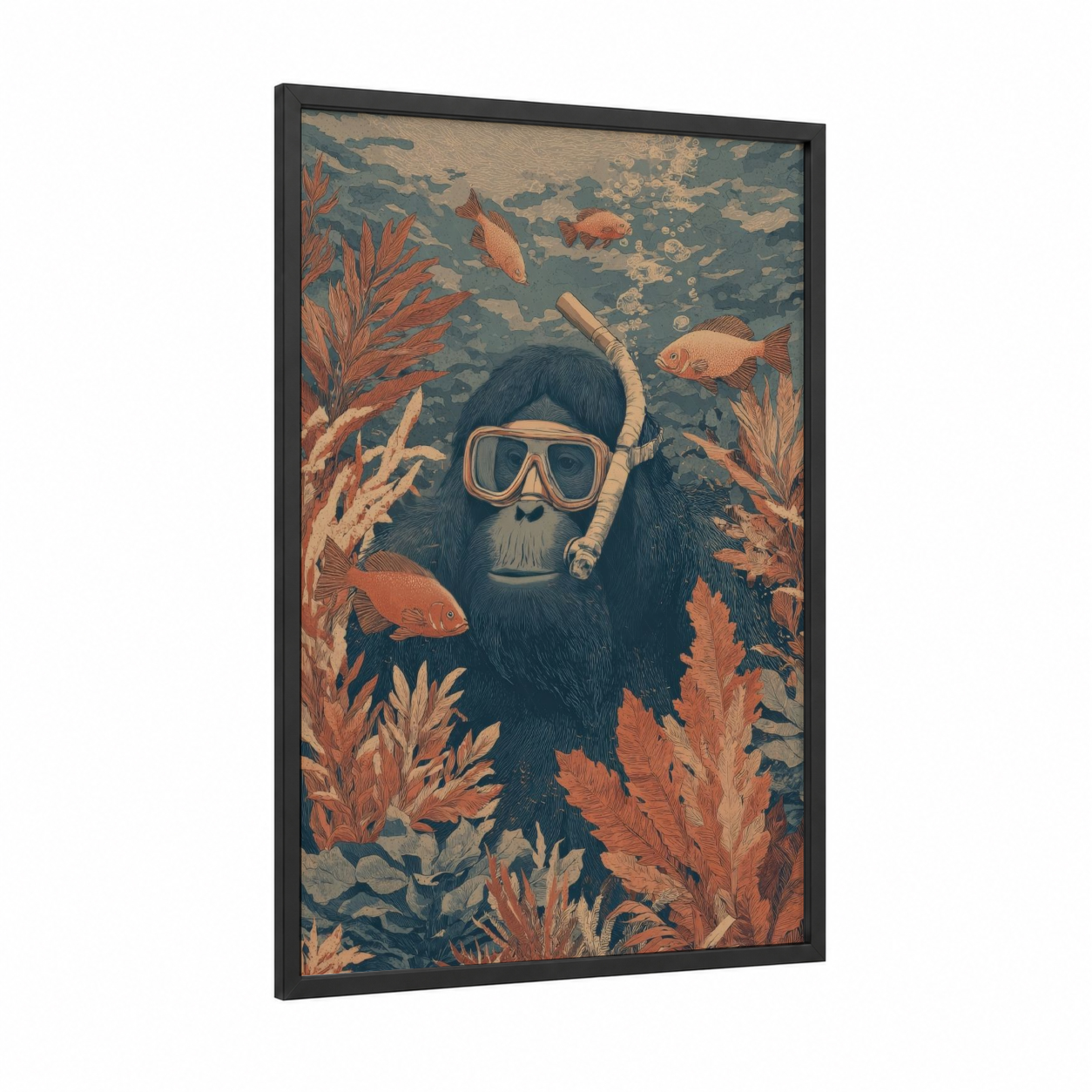 Snorkeling Orangutan framed art print — black wood frame — teal and russet palette