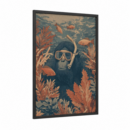 Snorkeling Orangutan framed art print — black wood frame — teal and russet palette