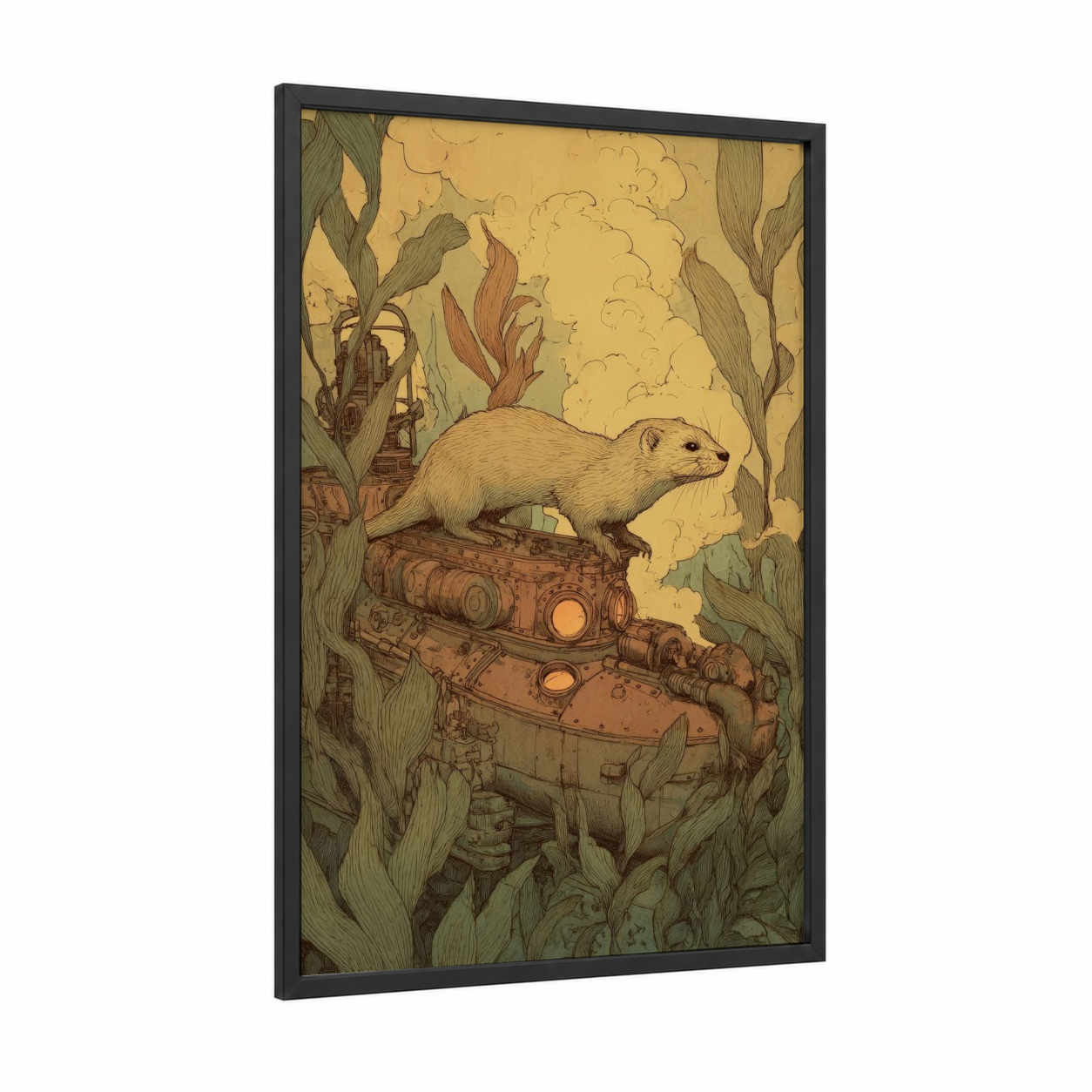 Steampunk Weasel framed art print — black wood frame — gold and dark green palette