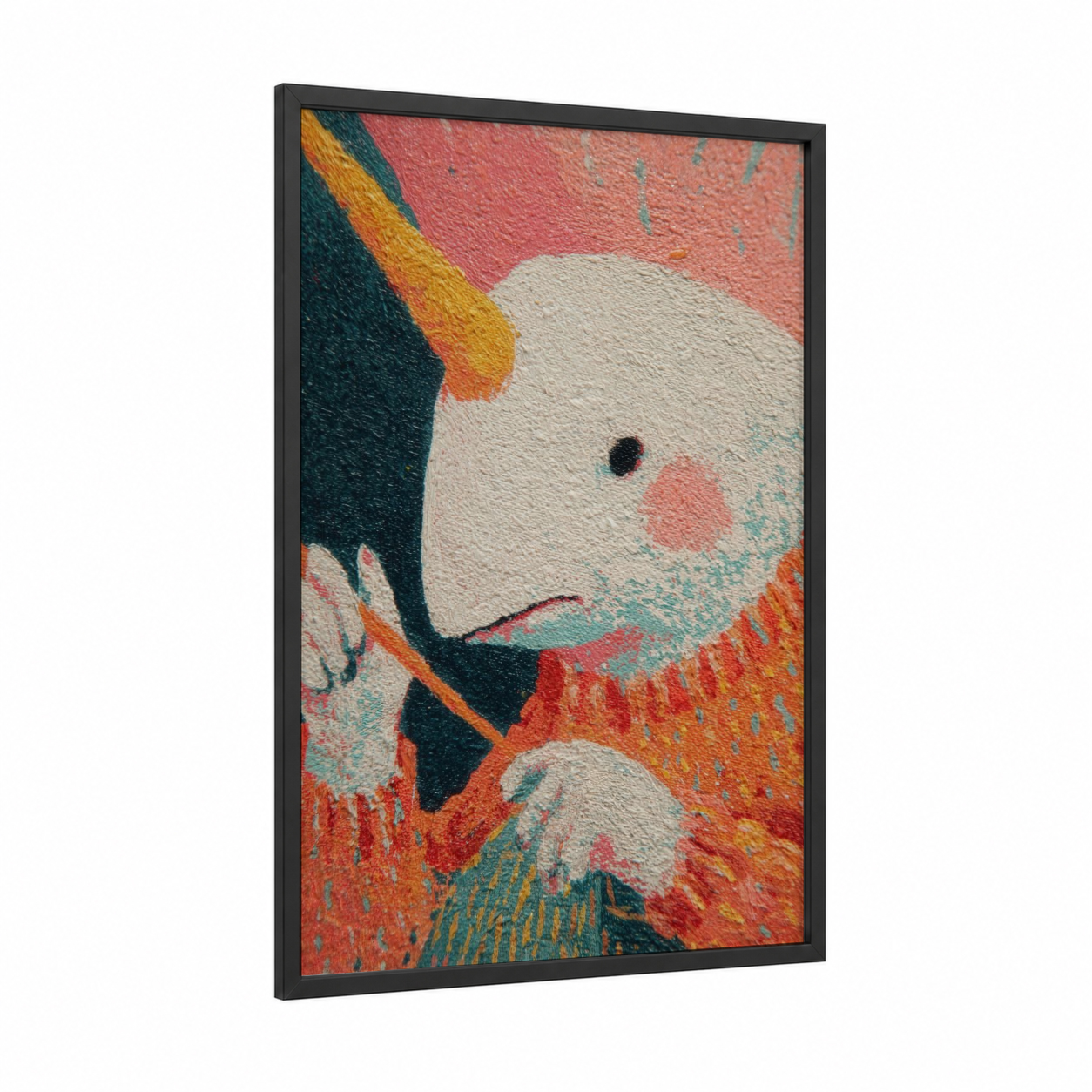 Colorful Narwhal framed art print — black wood frame — pink and teal palette