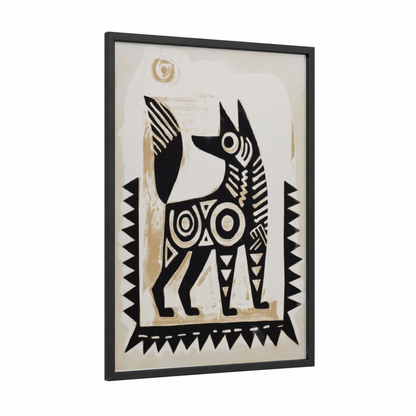 Geometric Ibis framed abstract traditional print — black wood frame — black and white and cream palette