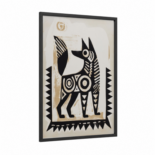 Geometric Ibis framed abstract traditional print — black wood frame — black and white and cream palette
