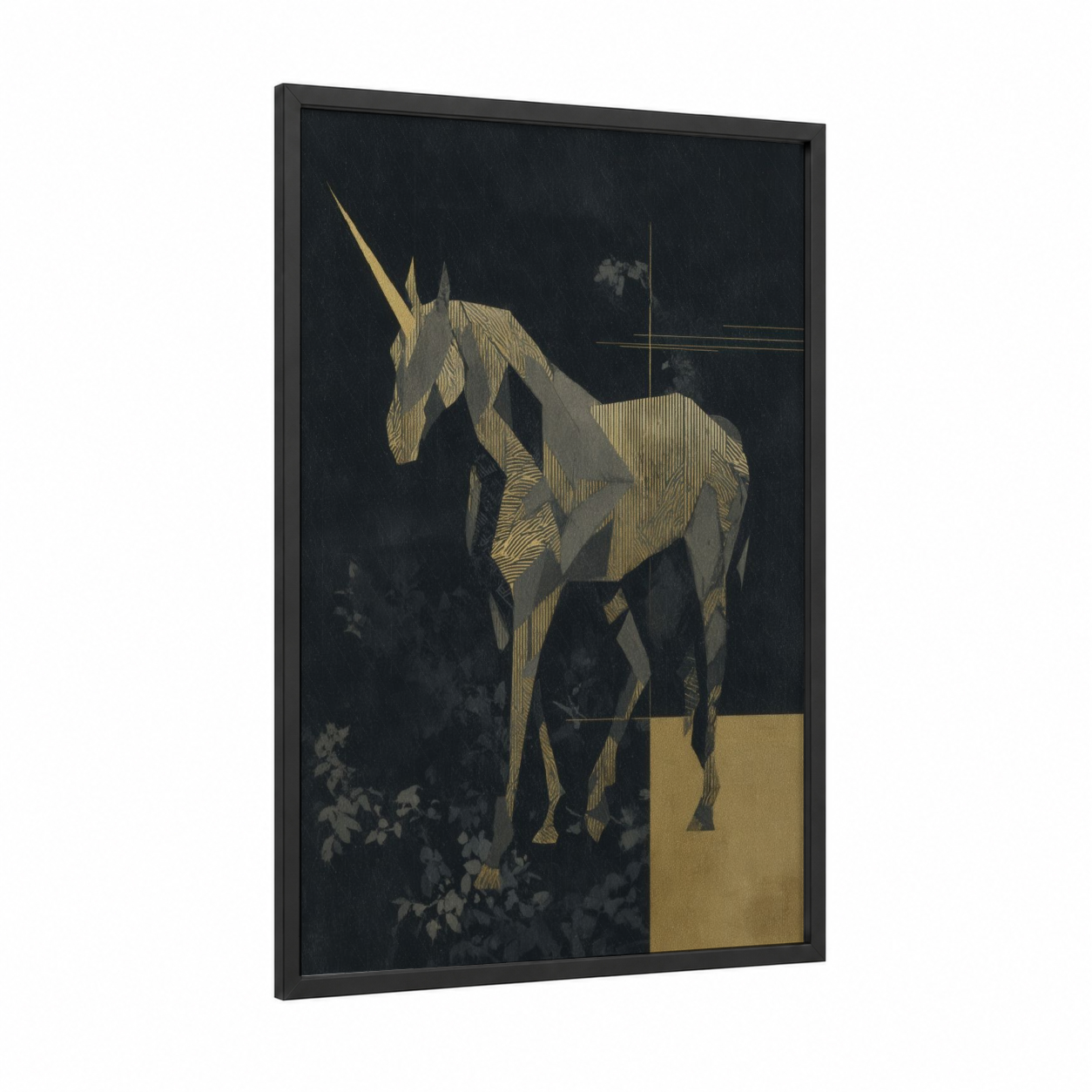 Golden Unicorn framed unicorns print — black wood frame — gold and black palette