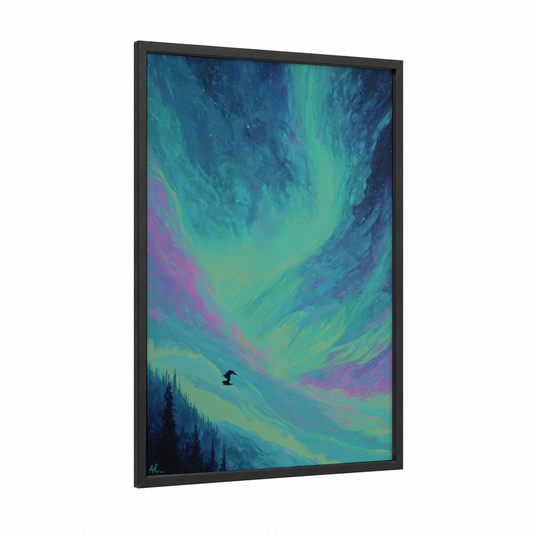 Aurora Snowboarder framed snowboarding print — black wood frame — turquoise and magenta palette