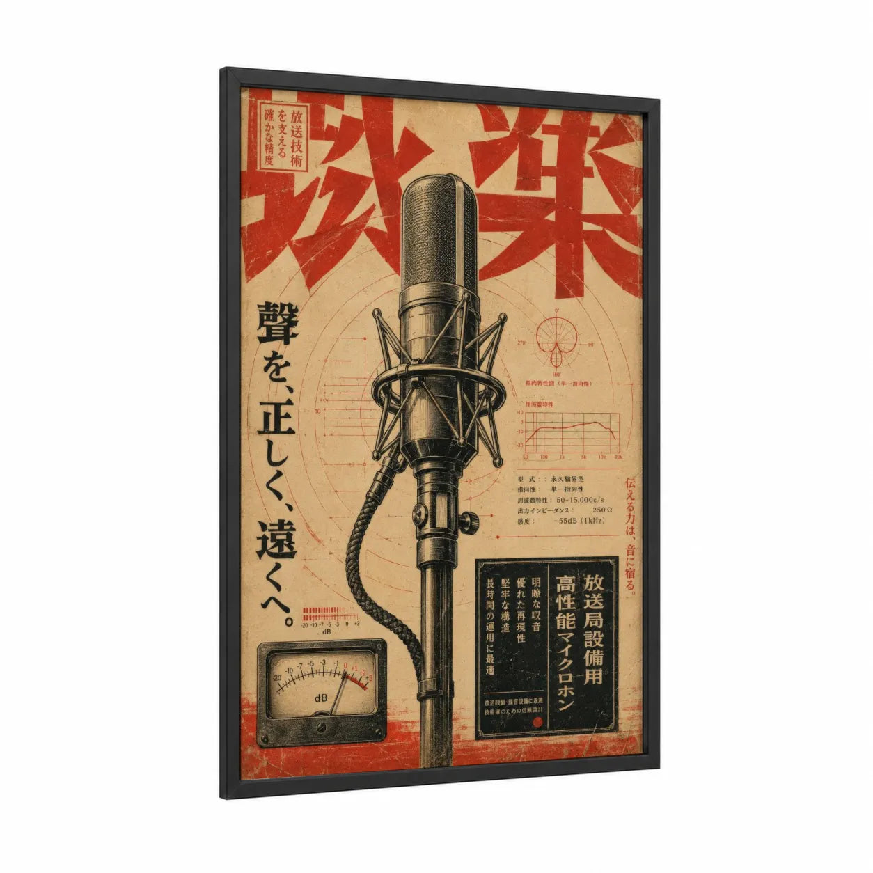 Vintage Japanese Microphone Retrofuturism Wall Art framed art print — black wood frame — red and beige palette