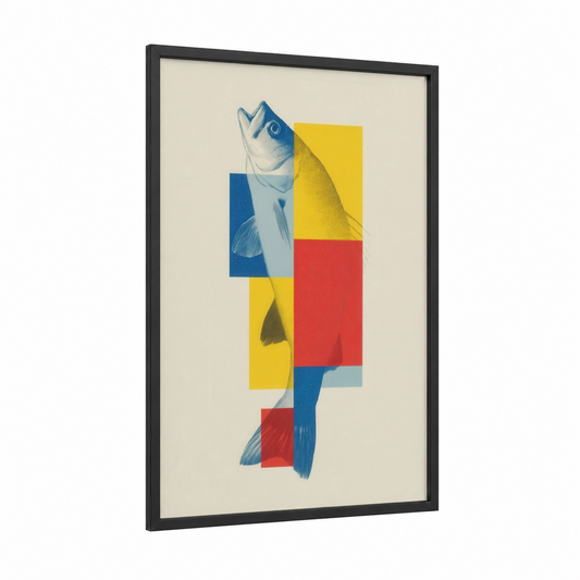 Geometric Snook framed art print — black wood frame — blue and yellow gold palette