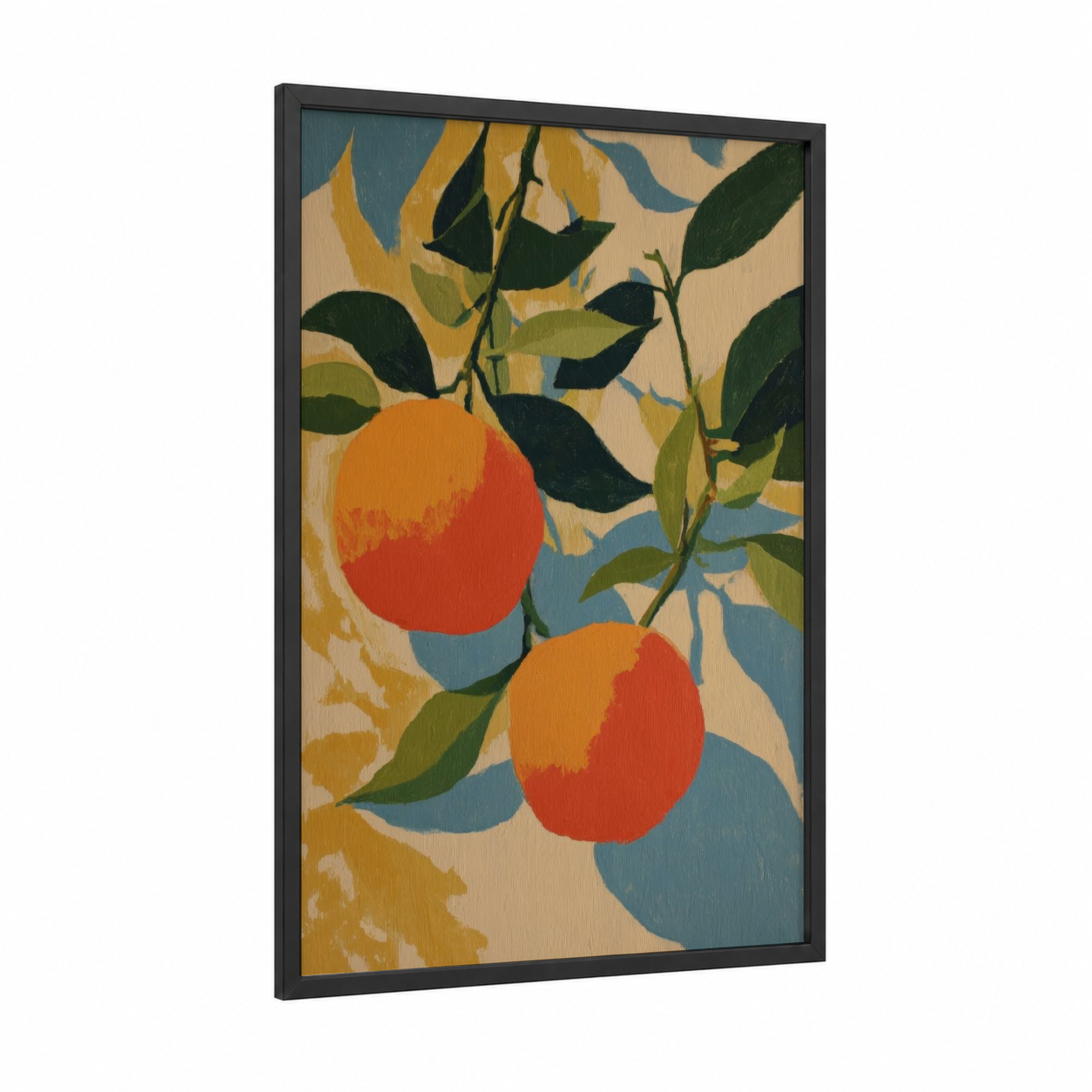 Autumn Citrus framed fruit print — black wood frame — orange and gold palette