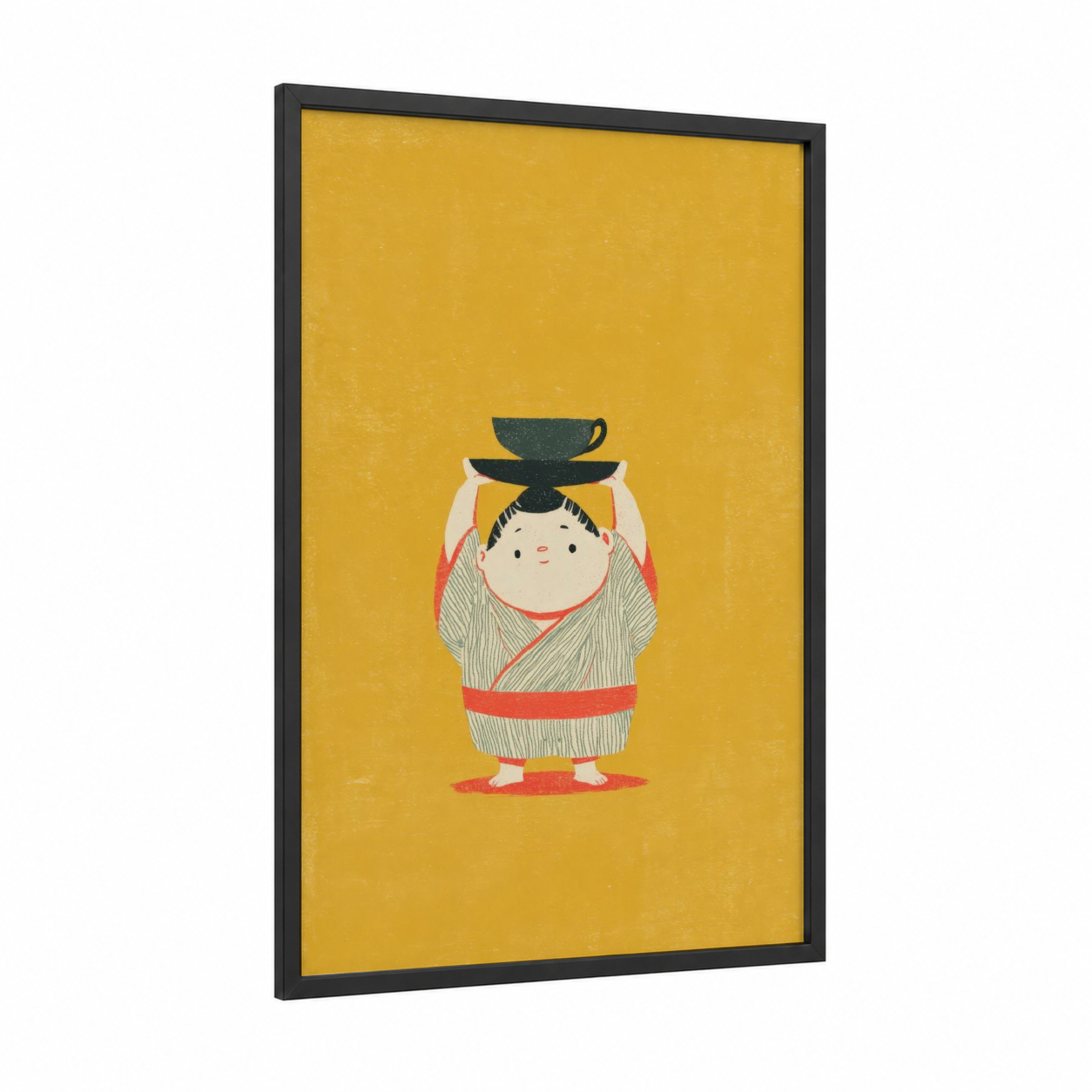 Golden Sumo Wrestler framed art print — black wood frame — yellow gold and beige palette