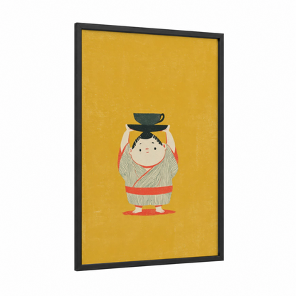 Golden Sumo Wrestler framed art print — black wood frame — yellow gold and beige palette