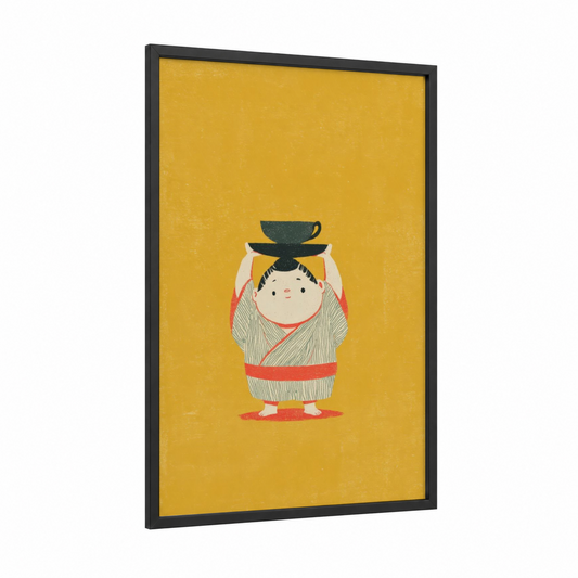 Golden Sumo Wrestler framed art print — black wood frame — yellow gold and beige palette