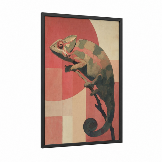 Geometric Chameleon framed art print — black wood frame — sage green palette