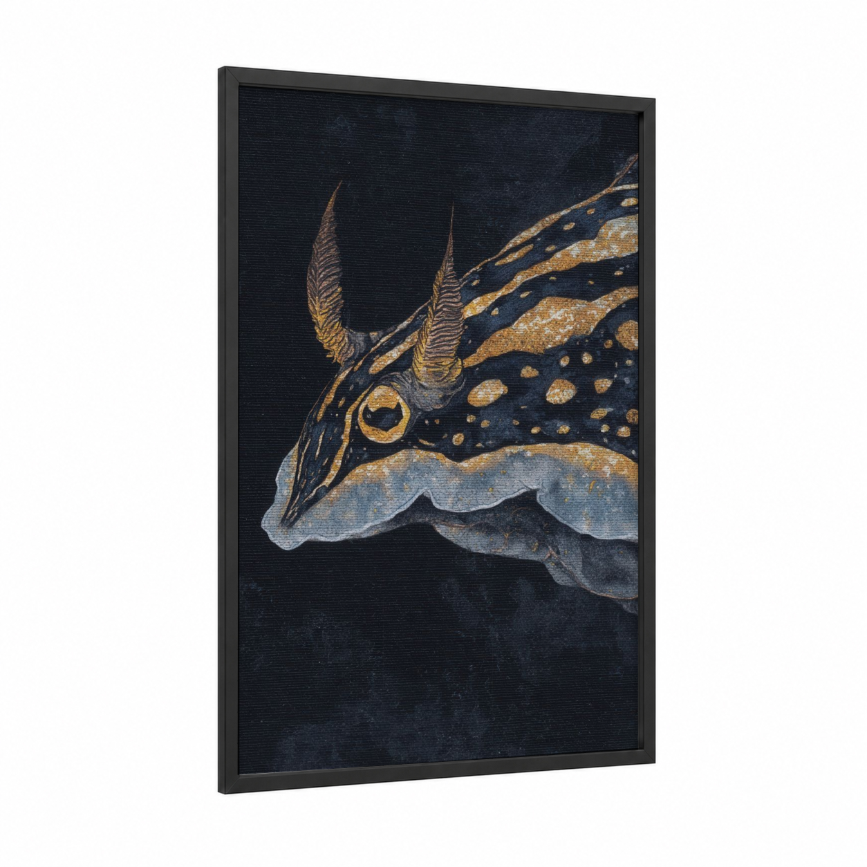 Golden Nudibranch framed art print — black wood frame — black and gold and gray palette
