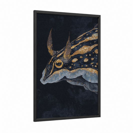Golden Nudibranch framed art print — black wood frame — black and gold and gray palette