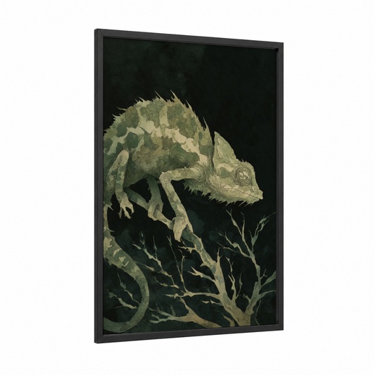 Emerald Chameleon framed art print — black wood frame — sage green and cream palette