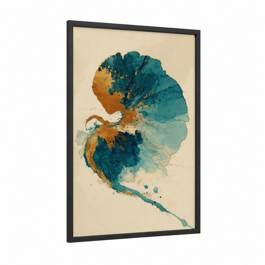 Teal Nautilus framed art print — black wood frame — teal and gold palette