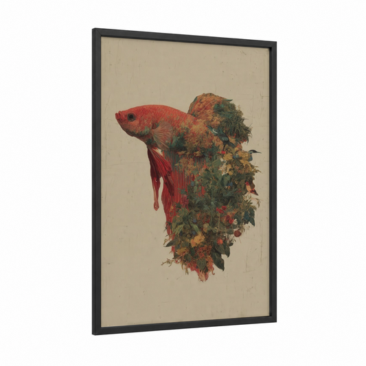 Crimson Betta Bloom framed betta fish print — black wood frame — red and dark green palette