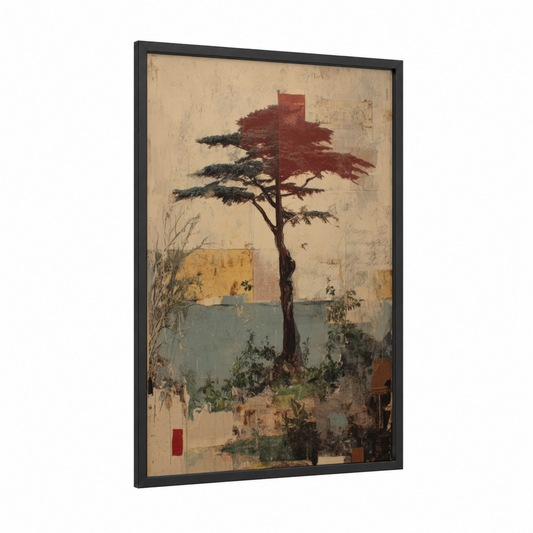 Crimson Redwood framed redwood tree print — black wood frame — beige and russet palette