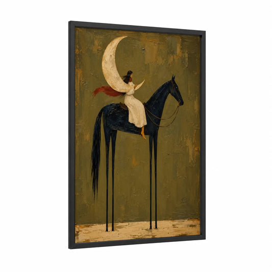 Moonlit Horse Rider Surreal Wall Art framed art print — black wood frame — gold and cream palette