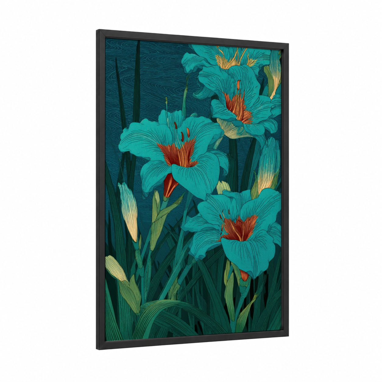 Turquoise Amarillys framed art print — black wood frame — teal and orange palette