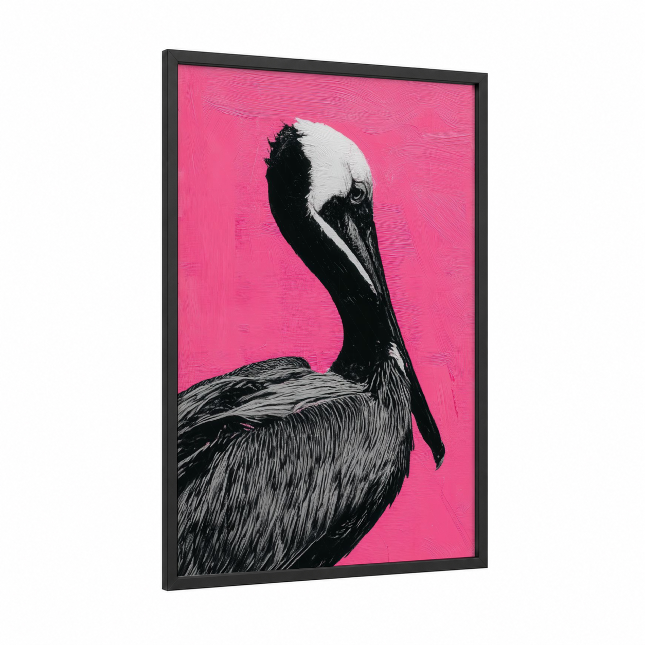 Pink Pelican framed art print — black wood frame — magenta and black and white palette