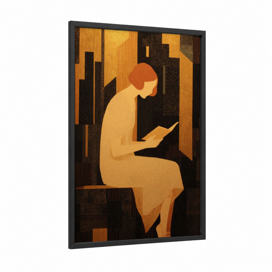 Urban Reader framed reading print — black wood frame — gold and black palette