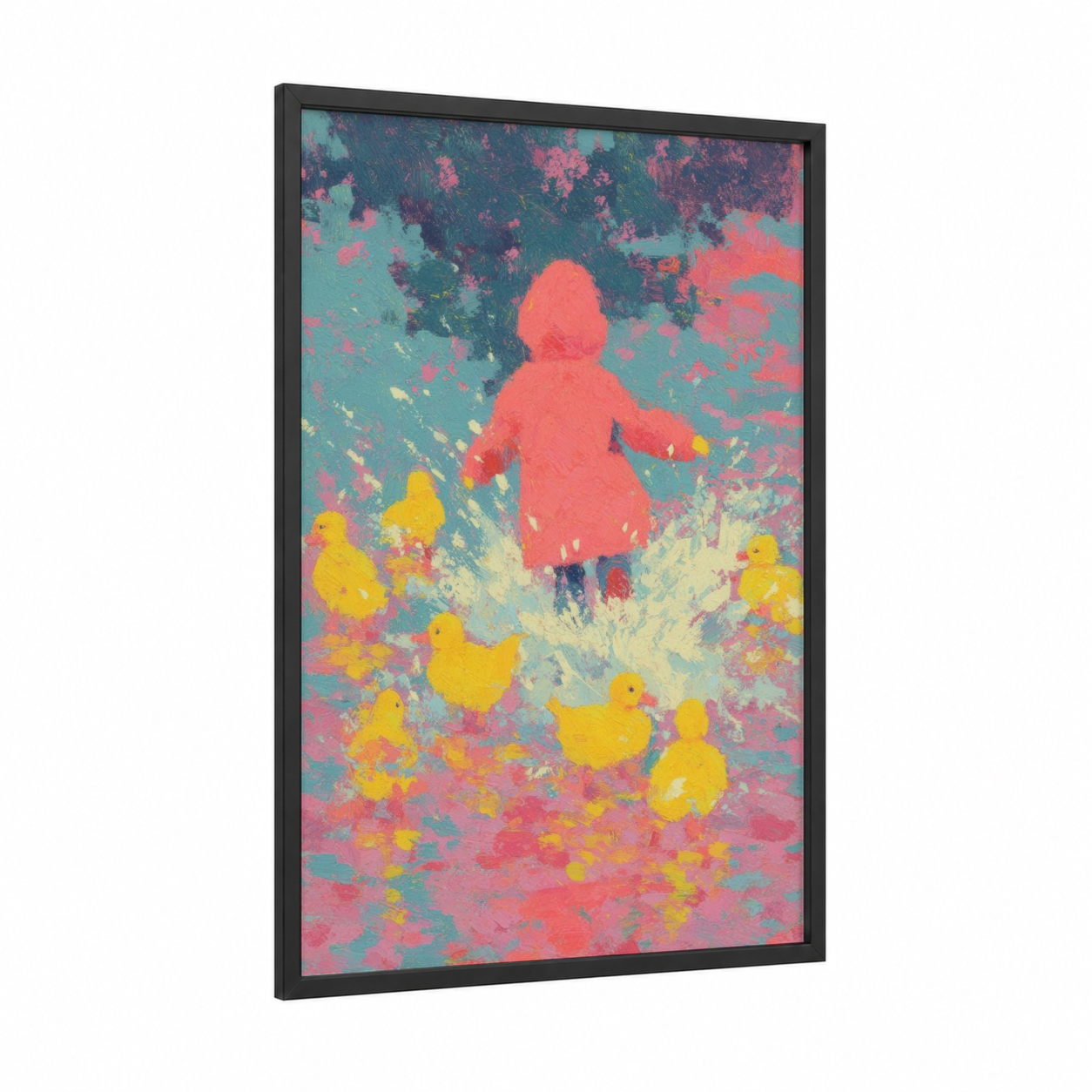 Playful Duckling Adventure framed kids animals print — black wood frame — pink and yellow palette