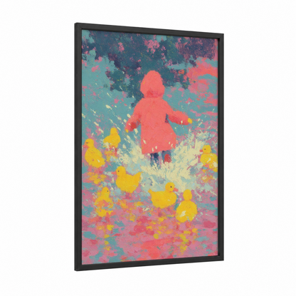Playful Duckling Adventure framed kids animals print — black wood frame — pink and yellow palette