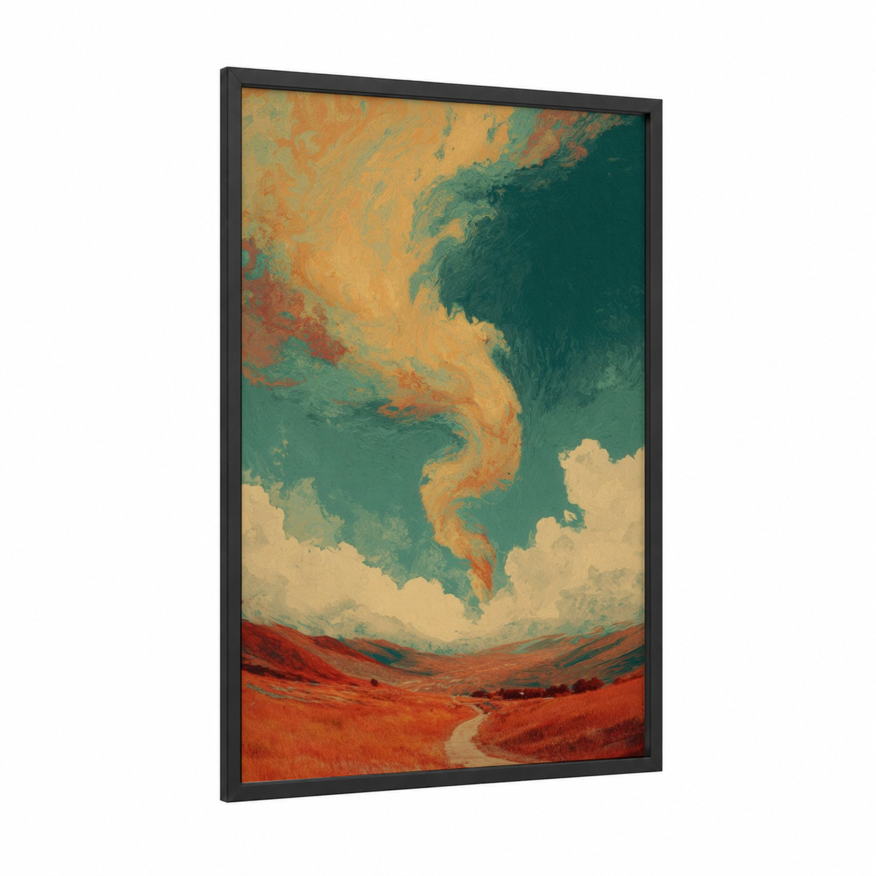Crimson Tornado framed art print — black wood frame — teal and russet palette