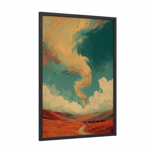 Crimson Tornado framed art print — black wood frame — teal and russet palette