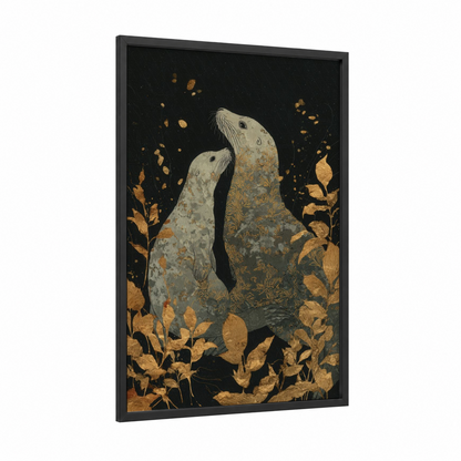 Golden Sea Lions framed art print — black wood frame — gold and black palette