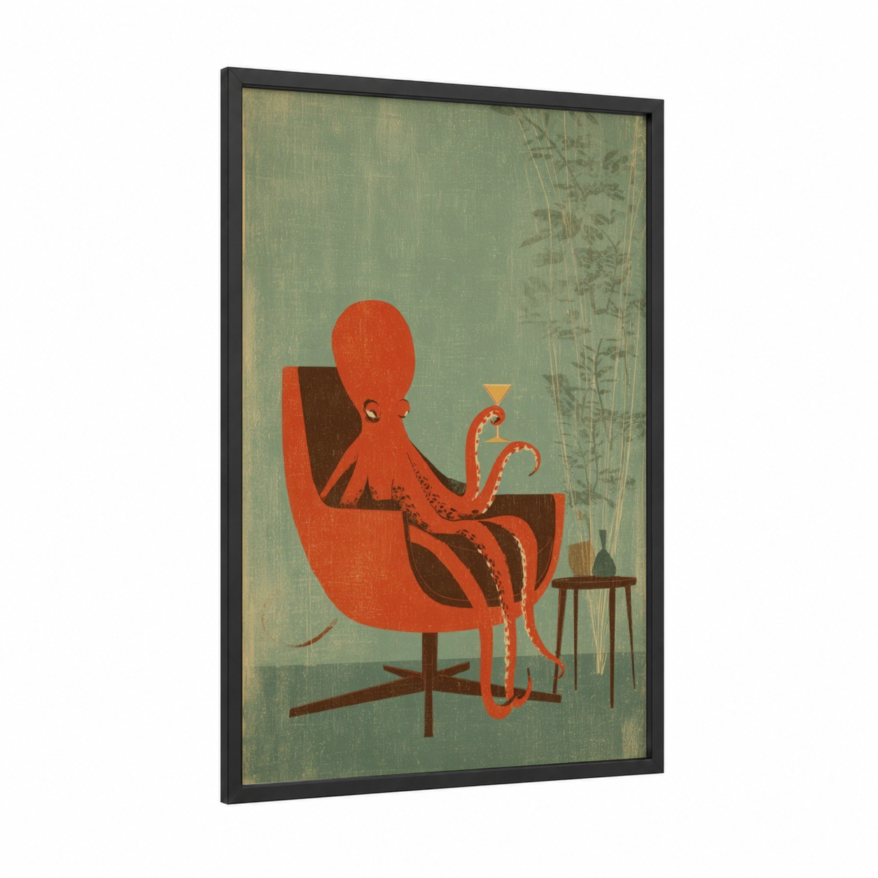 Cocktail Octopus framed art print — black wood frame — orange and sage green palette