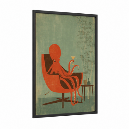 Cocktail Octopus framed art print — black wood frame — orange and sage green palette