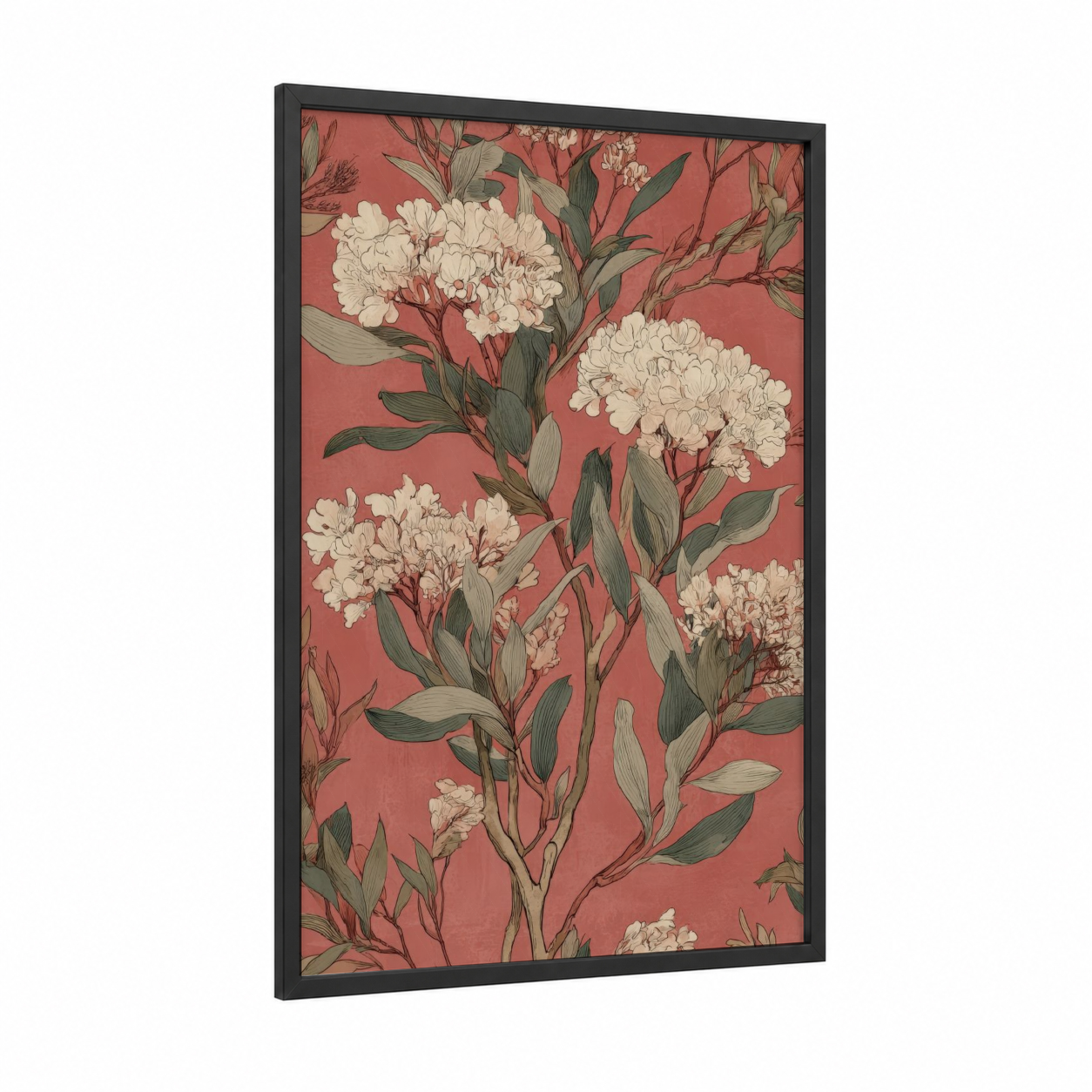 Coral Desert Blooms framed savanna and desert trees print — black wood frame — russet and sage green palette