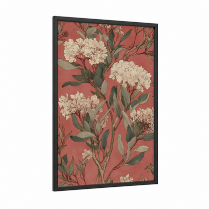 Coral Desert Blooms framed savanna and desert trees print — black wood frame — russet and sage green palette