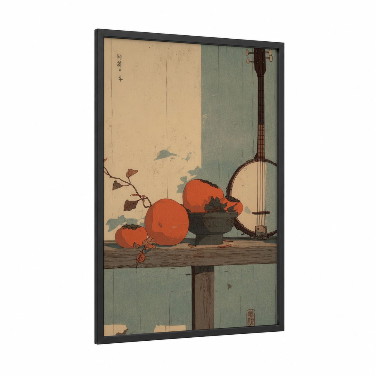 Vintage Banjo Still Life framed art print — black wood frame — cream and sage green palette