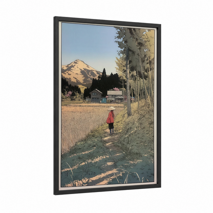 Mountain Valley Path framed various landscapes print — black wood frame — cream and sage green palette