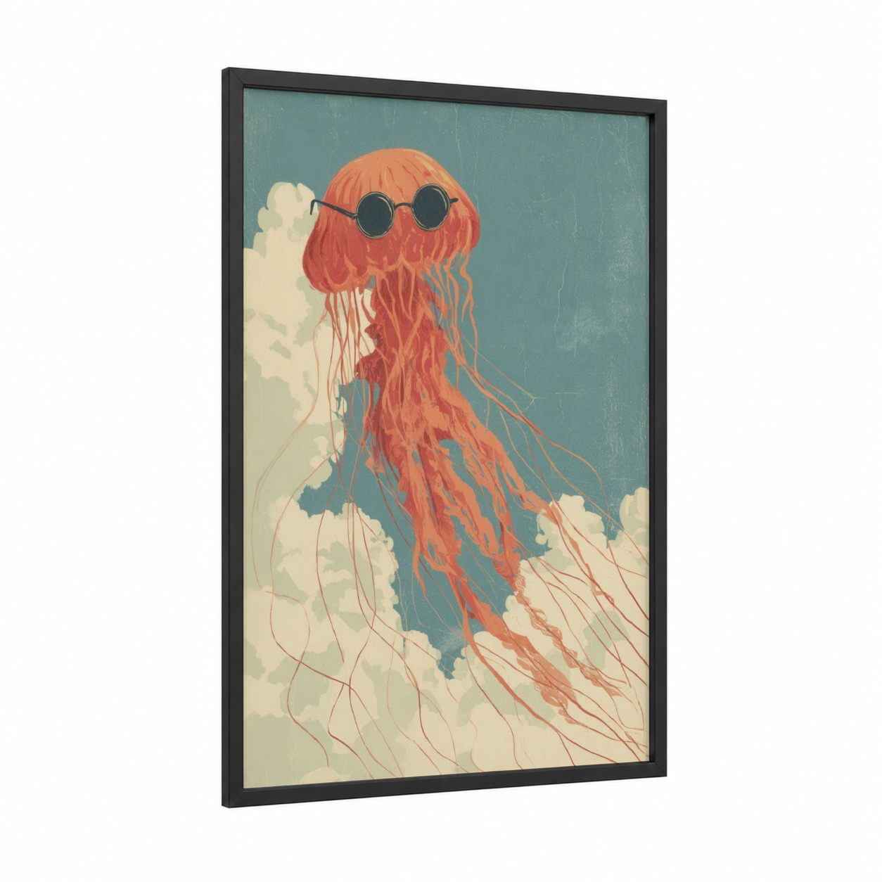 Sunglasses Jellyfish framed art print — black wood frame — teal and salmon pink palette