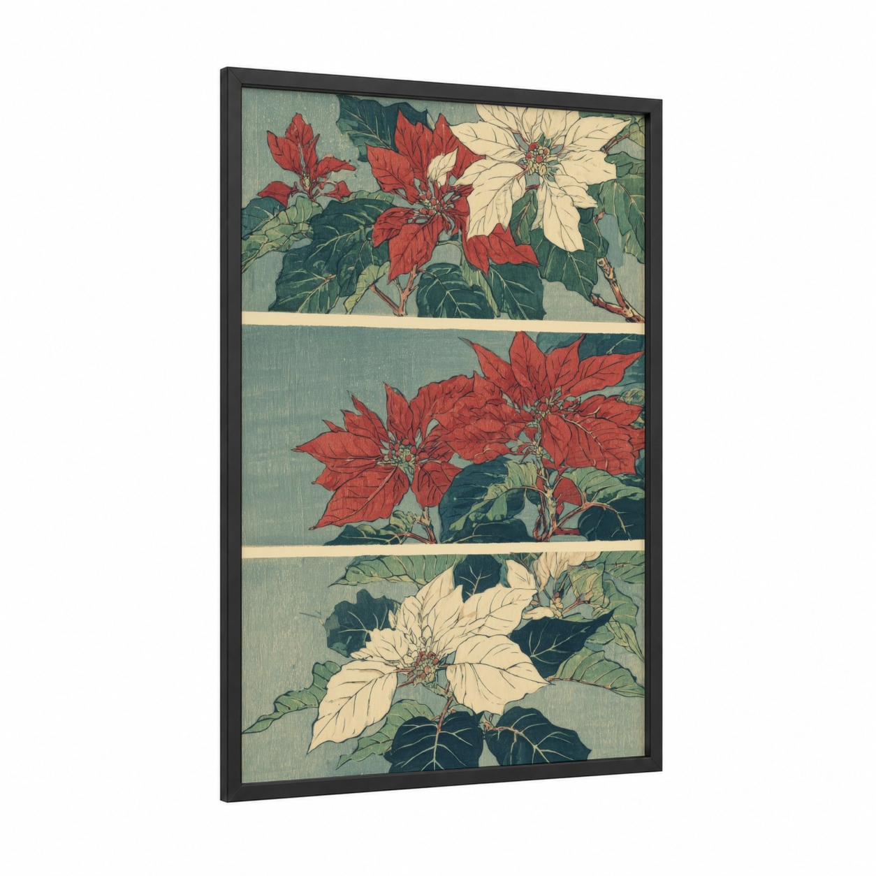 Festive Poinsettia Trio framed poinsettias print — black wood frame — red and cream palette