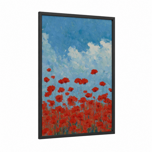 Crimson Poppy Field framed veterans day print — black wood frame — red and blue and white palette